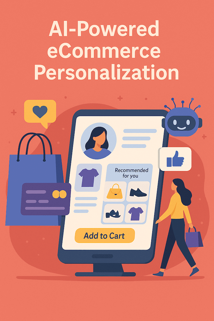 Illustration of AI-powered eCommerce personalization showing product recommendations and a chatbot assisting a shopper on a digital screen