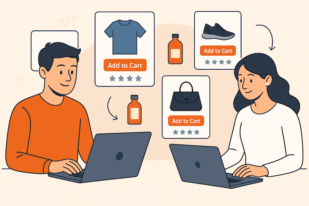 Illustration of two online shoppers receiving different personalized product suggestions through AI-driven recommendations.